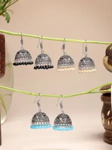 Sangria Set Of 3 Silver-Plated German Silver Beaded Oxidised Dome Shaped Jhumkas