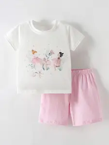 Xsole Girls Graphic Printed Round Neck T-shirt With Shorts