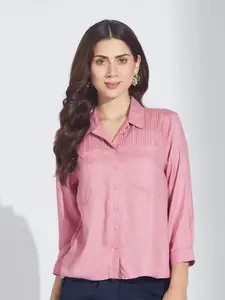 Latin Quarters Women Relaxed Fit Solid Cuban Collar Casual Shirt