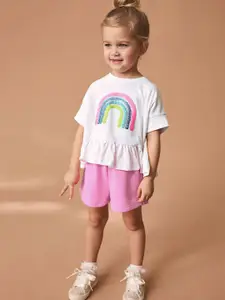 Xsole Girls Self Design Short Sleeves T-shirt With Shorts