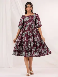 Janasya Women Pure Cotton Floral Printed Tiered Dress