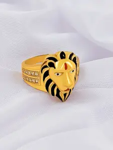 Saizen Men Stainless Steel Gold-Plated Stones Studded Lion Head Finger Ring