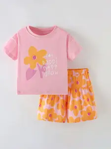 Xsole Girls Printed Round Neck T-Shirt With Shorts