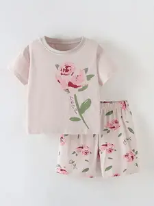 Xsole Girls Floral Printed Round Neck T-shirt With Shorts