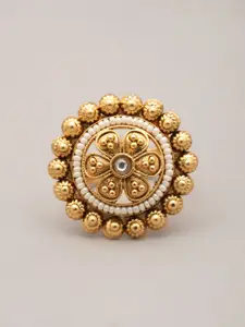 Exotic India Floral Adjustable Ring With Beads & Stone