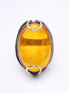 Exotic India Sterling Silver Amber Stone-Studded Finger Ring