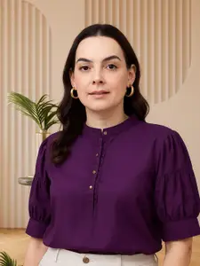Style Quotient Women Mandarin Collar Puff Sleeve Top