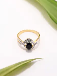 Exotic India Sterling Silver Gold-Plated Onyx-Studded Wave Design Faceted Finger Ring