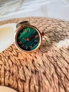 The Jewellery Tale Women Rose Gold Plated Watch Finger Ring With Green Dial