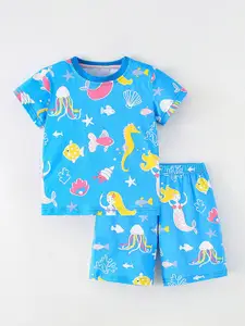 Xsole Girls Printed Round Neck T-Shirt With Shorts