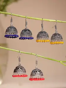 Sangria Set Of 3 German Silver-Plated Artificial Beaded Dome Shaped Oxidised Jhumkas