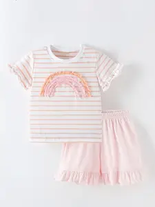 Xsole Girls Striped Round Neck T-shirt With Shorts