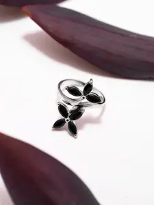 Exotic India Sterling Silver Onyx Stone-Studded Finger Ring