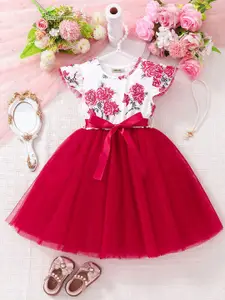 INCLUD Girls Floral Print Flutter Sleeve Fit & Flare Dress