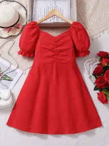 INCLUD Girls Self Design Gathered or Pleated Puff Sleeve A-Line Knee Length Dress