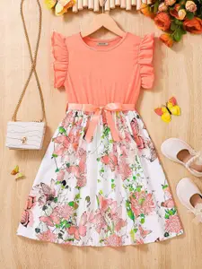 INCLUD Girls Butterfly Printed Flutter Sleeves Fit & Flare Dress