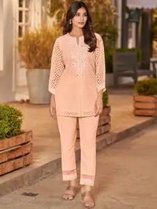 AUTUMN LANE Embroidered Mandarin Collar Top With Trousers Co-Ords Set