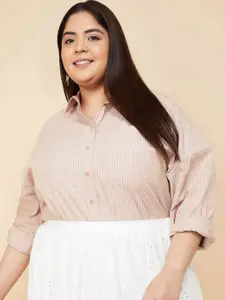 max Women Plus Size Vertical Striped Spread Collar Cotton Casual Shirt