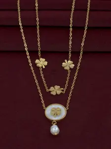 ARTKLIM Gold-Plated Stainless Steel Pearls Beaded Floral Pendant Double Layered Chain