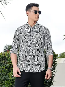 Thomas Scott Men Premium Geometric Printed Spread Collar Cotton Casual Shirt
