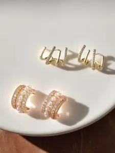 KRENOZ Set Of 2 Gold-Plated Crystals Studded Spiral Contemporary Studs