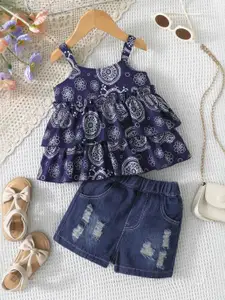 INCLUD Girls Printed Shoulder Straps Top With Shorts