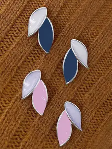 KRENOZ Set Of 2 Silver-Plated Enamelled Leaf Shaped Studs