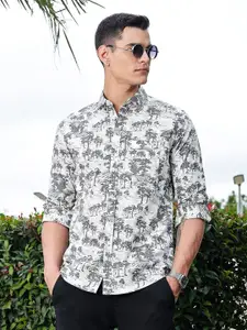Thomas Scott Men Premium Floral Printed Spread Collar Cotton Casual Shirt