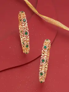 Kushal's Fashion Jewellery Set Of 2 Green Gold-Plated Party Zircon Bangles