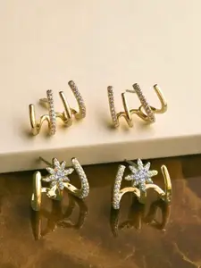 KRENOZ Set Of 2 Gold-Plated Crystals Studded Contemporary Studs