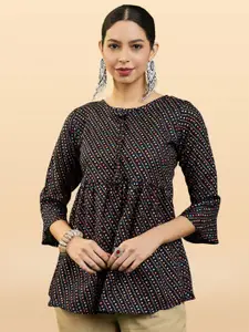 Anouk Rustic Bandhani Printed Tie-Up Neck Pleated Kurti