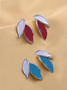 KRENOZ Set Of 2 Silver-Plated Enamelled Leaf Shaped Studs
