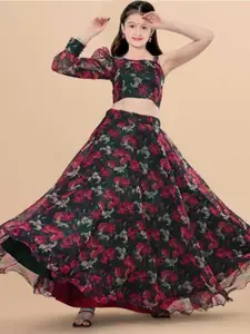 F Plus Fashion Girls Floral Printed Semi-Stitched Net Lehenga With Blouse