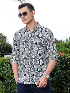 Thomas Scott Men Premium Geometric Printed Spread Collar Cotton Casual Shirt