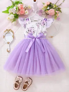 INCLUD Women Floral Print Flutter Sleeve Fit & Flare Dress