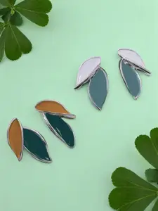 KRENOZ Set Of 2 Silver-Plated Enamelled Leaf Shaped Studs