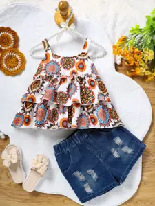 INCLUD Girls Printed Shoulder Straps Top With Shorts