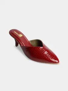 PreciousME Women Textured Kitten Heel Pointed Toe Mules