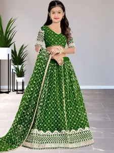 F Plus Fashion Girls Green Net Semi-Stitched Lehenga Choli