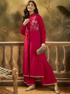 Sangria Embroidered Shrug Crop Top With Palazzos Co-Ords