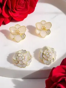 KRENOZ Set Of 2 Gold-Plated Crystals Studded Floral Shaped Studs