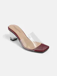 LEMON & PEPPER Square Toe PU Party Block Heel Sandals