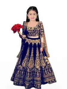 F Plus Fashion Girls Blue Raw Silk Semi-Stitched Lehenga Choli