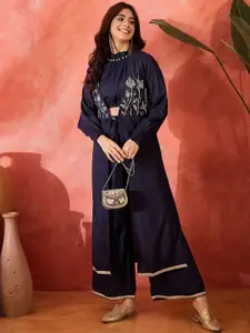 Sangria Embroidered Shrug Crop Top With Trousers Co-Ords