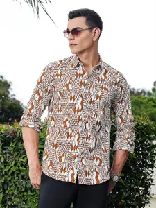 Thomas Scott Men Premium Geometric Printed Spread Collar Cotton Casual Shirt