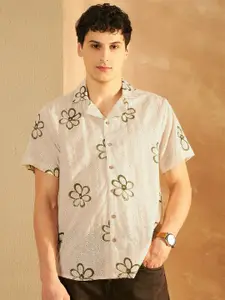 DENNISON Men Schiffli Block Printed Oversized Casual Shirt