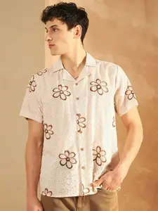 DENNISON Men Schiffli Block Printed Oversized Casual Shirt