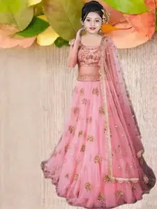 F Plus Fashion Girls Pink Net Semi-Stitched Lehenga Choli