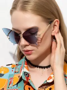 IDOR Women Blue Lens & Gold-Toned Butterfly Sunglasses with