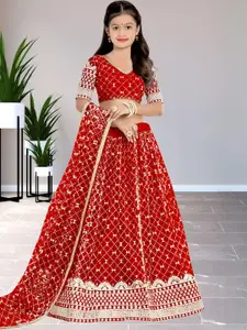F Plus Fashion Girls Red Net Semi-Stitched Lehenga Choli